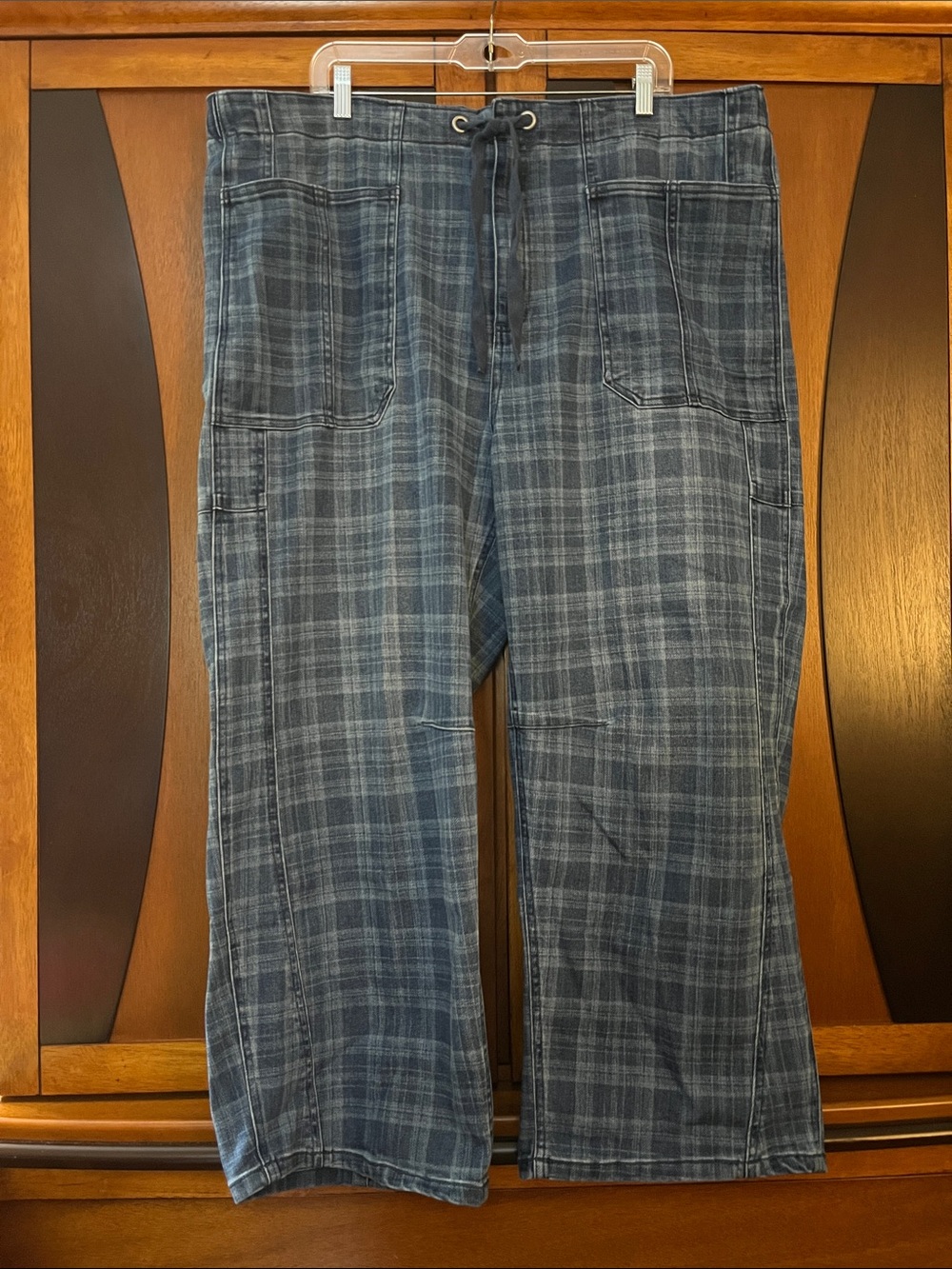 Risen Blue Plaid Drawstring Barrel Leg Jeans w/Back Elastic Waist & Pockets